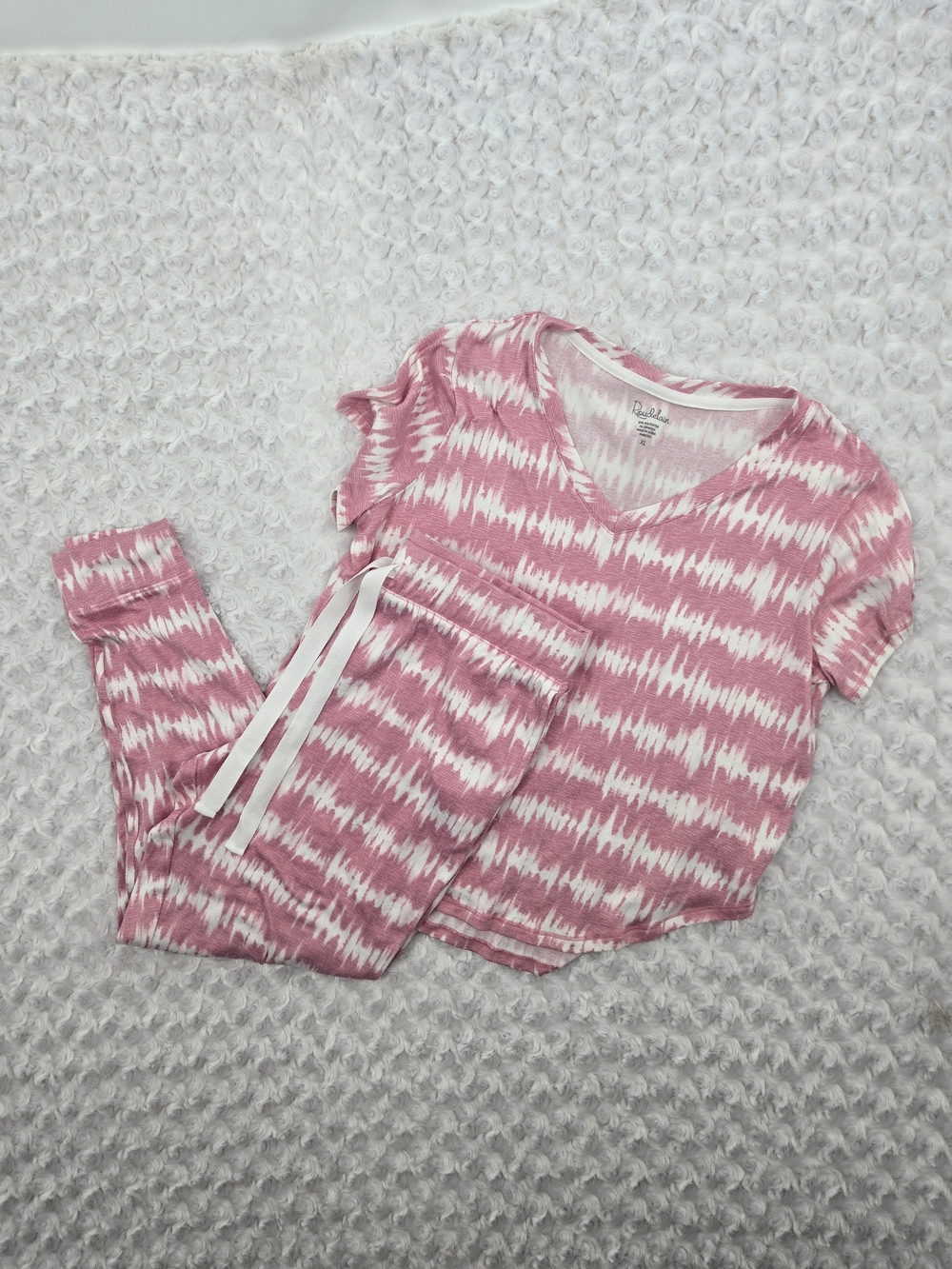 Roudelain Pink Ikat Short-Sleeve Pajama Set with Drawstring Pants XL (7268)